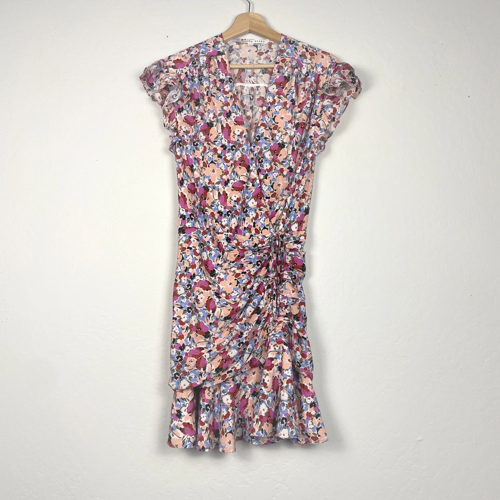 Veronica Beard Marla Ruched Floral Dress Short Flutter Sleeves Silk Blend Size 2 - Picture 3 of 14